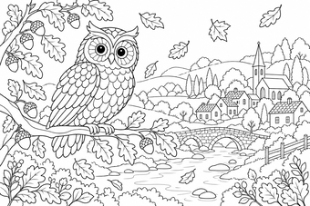 Owl in autumn coloring page