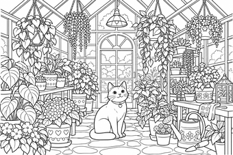 Cat in the greenhouse coloring page