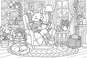 Fox in the library coloring page